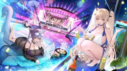  3girls absurdres aerial_fireworks azur_lane banana black_horns breasts brown_hair can cleavage copyright_name curled_horns dress eyewear_on_head fireworks food formidable_(anniversary_memories)_(azur_lane) formidable_(azur_lane) friedrich_carl_(azur_lane) friedrich_carl_(tender_summer_care)_(azur_lane) fruit grapes high_heels highres horns huge_breasts looking_at_viewer lying manjuu_(azur_lane) multicolored_hair multiple_girls night night_sky official_alternate_costume official_art on_stomach orange_eyes pool poolside purple_hair shoes sky split-color_hair stage stage_lights star_(sky) starry_sky sunglasses twintails water white_dress white_hair white_shoes ying_swei_(azur_lane) ying_swei_(blue_waves_limpid_summer)_(azur_lane) 