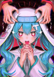  +_+ aqua_hair blood blood_from_mouth blue_hair blush female hair_between_eyes hair_ornament hat hatsune_miku highres kasane_teto kasane_teto_(sv) letter_hair_ornament long_hair long_sleeves looking_at_viewer mind_control nun open_mouth own_hands_together pink_eyes red_eyes sawara_wara smile synthesizer_v t-shi_no_hanashi_wo_shinjiru_na_(vocaloid) traditional_nun twintails upper_body utau vocaloid 