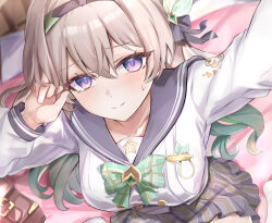  arm_up bed black_bow black_hairband blue_eyes blush bow bowtie breasts closed_mouth collarbone commentary_request female firefly_(honkai:_star_rail) firefly_(spring_missive)_(honkai:_star_rail) green_bow green_bowtie grey_sailor_collar grey_skirt hairband hairbow hand_up highres honkai:_star_rail honkai_(series) indoors large_breasts long_sleeves looking_at_viewer multicolored_eyes official_alternate_costume on_bed paid_reward_available plaid_clothes plaid_skirt purple_eyes sailor_collar school_uniform serafuku shirt skirt solo sweatdrop tomas_(kaosu22) white_shirt 