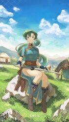  absurdres black_gloves blue_dress blue_sky boots breasts cloud commission day dress female fingerless_gloves fire_emblem fire_emblem:_the_blazing_blade gloves grass green_eyes green_hair highres horse landscape large_breasts long_hair lyn_(fire_emblem) on_rock ponytail sash sheath sheathed side_slit sitting sky solo sword thighs tororo_kafka weapon 