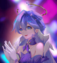  :d absurdres bare_shoulders chinese_commentary choker commentary_request facial_mark female gloves green_eyes hair_between_eyes hands_up head_wings highres honkai:_star_rail honkai_(series) long_hair open_mouth purple_choker purple_hair robin_(honkai:_star_rail) smile solo upper_body white_gloves wings yingyingyingwobuyima 