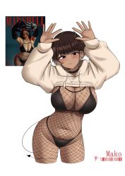  absurdres arms_up bikini black_bikini black_choker black_eyes black_horns black_tail blush bodystocking breasts brown_hair character_name choker cleavage closed_mouth clothes_lift commentary cropped_legs dark-skinned_female dark_skin demon_girl demon_horns demon_tail ear_piercing earrings female fishnet_bodystocking fishnets front-tie_bikini_top front-tie_top gradient_hair heart heart_necklace highres hood hood_down hoodie hoodie_lift horns jewelry large_breasts long_sleeves looking_at_viewer mako_(yukaraishin) mole mole_on_crotch multicolored_hair navel necklace original photo-referenced photo_inset piercing pubic_tattoo reference_inset short_hair simple_background small_horns solo_focus stud_earrings swimsuit tail tail_around_own_leg tail_wrap tasha_young tattoo white_background yellow_hoodie yukaraishin 