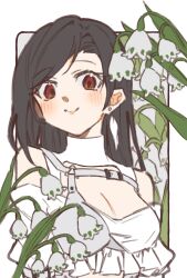  bare_shoulders black_hair blush border breasts cleavage cleavage_cutout closed_mouth clothing_cutout commentary crop_top earrings feather_earrings feathers female final_fantasy final_fantasy_vii final_fantasy_vii_ever_crisis flower frilled_shirt frills highres jewelry konbu7733 long_hair looking_at_viewer medium_breasts off-shoulder_shirt off_shoulder official_alternate_costume outside_border red_eyes shirt smile solo swept_bangs tifa_lockhart tifa_lockhart_(feather_style) turtleneck upper_body white_border white_flower white_shirt 