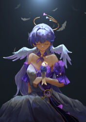  absurdres animal_on_arm animalization bare_shoulders blue_hair breasts choker closed_eyes cowboy_shot detached_sleeves dress feathers female head_wings highres honkai:_star_rail honkai_(series) long_hair medium_breasts purple_choker purple_dress robin_(honkai:_star_rail) short_sleeves standing strapless strapless_dress sunday_(honkai:_star_rail) two-tone_dress very_long_hair white_dress wings yingyingyingwobuyima 