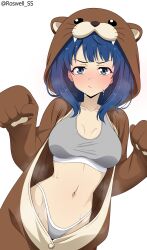  :/ absurdres animegao blue_eyes blue_hair blush breasts commentary cosplay female grey_panties highleg highleg_panties highres hot kigurumi large_breasts looking_at_viewer make_heroine_ga_oo_sugiru! mascot_costume medium_hair navel otter_costume paid_reward_available panties paw_pose roswell_ss solo sports_bra stomach sweat underwear white_background yanami_anna 