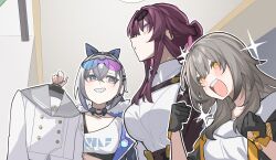  3girls black_choker black_gloves blush breasts choker clenched_hands clothes_hanger collarbone eyewear_on_head gloves grey_eyes grey_hair grin holding holding_clothes_hanger honkai:_star_rail honkai_(series) indoors itame_moyashi kafka_(honkai:_star_rail) large_breasts long_hair multiple_girls purple_eyes purple_hair shirt sidelocks silver_wolf_(honkai:_star_rail) smile sparkle stelle_(honkai:_star_rail) sunglasses trailblazer_(honkai:_star_rail) upper_body white_shirt yellow_eyes 