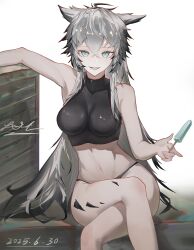  :d absurdres animal_ears aqua_eyes arknights bare_arms bare_shoulders breasts chinese_commentary commentary_request covered_collarbone crop_top crossed_bangs da_dun_dozedove dated feet_out_of_frame female food hair_between_eyes highres holding holding_food holding_popsicle lappland_(arknights) material_growth medium_breasts midriff navel no_pants open_mouth oripathy_lesion_(arknights) partial_commentary popsicle signature sitting skin_tight sleeveless smile solo white_background wolf_ears wolf_girl 