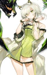  absurdres animal_ears arknights cat_ears cat_girl coat commentary_request cowboy_shot dress female fumi_(rdbm) green_dress green_eyes grey_hair highres kal&#039;tsit_(arknights) medium_hair mon3tr_(arknights) mon3tr_(summon)_(arknights) open_clothes open_coat parted_lips partial_commentary see-through_clothes see-through_sleeves simple_background solo white_background 