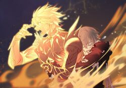  2boys bilingual_commentary black_gloves black_hoodie blonde_hair caelus_(honkai:_star_rail) closed_eyes commentary_request cracked_skin crying english_commentary fingerless_gloves fire freaknaru123 gloves grey_hair highres honkai:_star_rail honkai_(series) hood hood_down hoodie hug hug_from_behind injury long_sleeves male_focus material_growth mixed-language_commentary multiple_boys phainon_(honkai:_star_rail) tears torn_clothes torn_hoodie trailblazer_(honkai:_star_rail) 