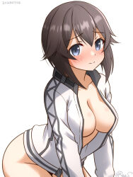  black_hair blue_eyes blush breasts female hayasui_(kancolle) jacket kantai_collection large_breasts long_sleeves naked_jacket one-hour_drawing_challenge open_clothes open_jacket ray.s short_hair solo track_jacket white_background white_jacket 