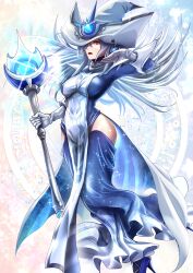  blue_dress dress duel_monster female gloves grey_hair hair_over_one_eye hat high_heels highres hip_vent holding holding_staff long_hair miyakura_haruto purple_eyes silent_magician staff tabard white_gloves white_hat white_tabard wizard_hat yu-gi-oh! 