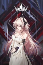  absurdres arknights bare_shoulders black_horns breasts chinese_commentary cleavage closed_mouth collarbone commentary cowboy_shot dress female hair_between_eyes hair_intakes halo highres horns jewelry large_breasts light_smile long_hair long_sleeves looking_at_viewer multiple_rings off_shoulder own_hands_together pink_hair prts_logo_(arknights) red_eyes ring solo standing steepled_fingers theresa_(arknights) white_dress white_halo wumiliko_56 