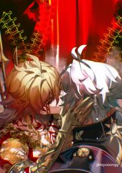  2boys antenna_hair arm_tattoo armlet black_shirt blonde_hair blood blood_on_face braid chest_tattoo clawed_gauntlets closed_eyes commentary dayooongg english_commentary facial_tattoo gold_necklace gradient_hair hair_between_eyes hand_on_another&#039;s_face highres honkai:_star_rail honkai_(series) jewelry kissing male_focus medium_hair multicolored_hair multiple_boys mydei_(honkai:_star_rail) necklace phainon_(honkai:_star_rail) red_hair red_tattoo shirt short_hair side_braid sun_print tattoo tears twitter_username white_hair yaoi yellow_blood 