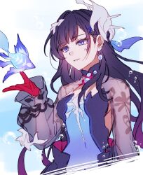  black_hair blue_dress blue_eyes breasts commentary_request dress female fish gloves hair_ornament honkai:_star_rail honkai_(series) hysilens_(honkai:_star_rail) long_hair long_sleeves parted_lips pochimaru_(marumaru_wanwan) red_gloves see-through_clothes see-through_sleeves shrug_(clothing) small_breasts smile solo upper_body very_long_hair 