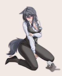 :p absurdres alter_kamerade animal_ears arknights arm_under_breasts black_hair black_nails black_pants black_pantyhose black_shoes black_tail black_vest blush breasts character_name chinese_commentary closed_mouth collarbone commentary_request cup female fingernails full_body grey_background hair_between_eyes hair_intakes hand_on_own_arm high_heels highres inset jewelry large_breasts long_hair long_sleeves looking_at_viewer mug multicolored_eyes nail_polish official_art_inset pants pantyhose partial_commentary purple_eyes ring shirt shoes simple_background sitting solo spill tail texas_(arknights) tongue tongue_out two-tone_eyes variant_set vest wariza white_shirt wolf_ears wolf_girl wolf_tail yellow_eyes 