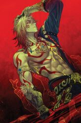  1boy abs arm_tattoo arm_up armlet black_coat black_pants blonde_hair blood blood_from_mouth braid chest_tattoo clawed_gauntlets coat commentary english_commentary facial_tattoo faithom gradient_hair hair_between_eyes hand_on_own_head hand_up highres honkai:_star_rail honkai_(series) jewelry looking_at_viewer male_focus medium_hair multicolored_hair mydei_(honkai:_star_rail) open_clothes open_coat pants red_hair red_tattoo side_braid solo tattoo toned toned_male yellow_blood yellow_eyes 