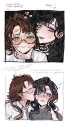  2girls absurdres arm_around_neck black_hair blush brown_hair closed_eyes collared_shirt commentary contemporary drunk ear_blush english_commentary english_text glasses green_eyes grey_shirt highres isolde_(reverse:1999) kakania_(reverse:1999) licking licking_another&#039;s_face lipstick_mark lipstick_mark_on_face long_hair multiple_girls noriiikonbu purple_eyes reverse:1999 shirt spoken_blush white_shirt yuri 