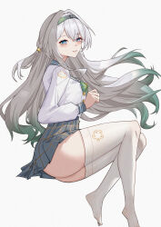  absurdres black_hairband blush bow breasts checkered_bow checkered_clothes checkered_skirt female firefly_(honkai:_star_rail) firefly_(spring_missive)_(honkai:_star_rail) gradient_hair green_bow grey_hair grey_skirt hair_between_eyes hair_intakes hair_ornament hairband highres honkai:_star_rail honkai_(series) huanyueyuhua long_hair long_sleeves looking_at_viewer medium_breasts multicolored_hair official_alternate_costume open_mouth pink_eyes school_uniform simple_background skirt smile solo thick_thighs thighhighs thighs white_background white_thighhighs 