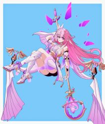  ass bell black_shorts blue_background boots border breasts commentary corset crystal_shards desnvz diamond-shaped_pupils diamond_(shape) elf elysia_(herrscher_of_human:_ego)_(honkai_impact) elysia_(honkai_impact) female gloves high_heel_boots high_heels highres holding holding_staff honkai_(series) honkai_impact_3rd knee_boots large_breasts long_hair pink_hair pointy_ears purple_eyes shorts solo staff symbol-shaped_pupils thighs veil very_long_hair white_boots white_border white_corset white_gloves white_veil 