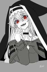  :d absurdres arknights bww_(user_ymyg3237) commentary cropped_torso diamond-shaped_pupils diamond_(shape) evil_smile female grey_background greyscale hair_between_eyes hand_up headscarf highres jewelry long_hair long_sleeves looking_at_viewer monochrome open_mouth pendant red_eyes signature simple_background smile solo specter_(arknights) spot_color symbol-only_commentary symbol-shaped_pupils turtleneck 