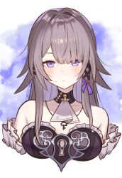  07nono06 absurdres ascot black_choker blush choker commentary female grey_hair herta_(honkai:_star_rail) highres honkai:_star_rail honkai_(series) long_hair looking_at_viewer no_headwear purple_eyes solo the_herta_(honkai:_star_rail) upper_body white_ascot 
