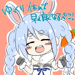  :d ^_^ animal_ear_fluff animal_ears blue_hair blush_stickers bow braid breasts brown_background chibi closed_eyes commentary_request don-chan_(usada_pekora) dress female fur-trimmed_gloves fur_trim gloves grey_gloves grey_leotard hair_between_eyes hair_ornament hairbow hands_up highres hololive kiritoma leotard long_hair outline rabbit_ears rabbit_hair_ornament short_eyebrows small_breasts smile solo strapless strapless_dress strapless_leotard thick_eyebrows translation_request twin_braids twintails upper_body usada_pekora usada_pekora_(1st_costume) very_long_hair virtual_youtuber white_bow white_dress white_outline 
