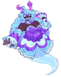  2023 5_fingers amethyst_(gem) animal_humanoid armwear artist_name bent_arm big_breasts blue_body blue_clothing blue_collar blue_ears blue_gloves blue_hair blue_handwear breasts brown_body brown_skin cleavage clothed clothed_female clothed_humanoid clothing collar colored dark_body dark_skin digital_drawing_(artwork) digital_media_(artwork) dress ear_tuft english_description eyebrow_through_hair eyebrows fangs female fingers gem ghost gloves hair handwear heart_tongue hi_res holding_fan humanoid hybrid lagomorph lagomorph_humanoid legless light lighting long_ears long_hair mammal mammal_humanoid mario_plus_rabbids_sparks_of_hope midnite_(mario_plus_rabbids) multicolored_hair navel_outline nintendo open_mouth open_smile paper_fan purple_armwear purple_clothing purple_dress purple_eyes purple_hair purple_inner_ear purple_tongue rabbid_humanoid shaded siko_(artist) simple_background slightly_chubby slightly_chubby_female slightly_chubby_humanoid smile solo spirit straight_arm teeth text thin_eyebrows tongue translucent translucent_body translucent_hair tuft tumblr twitter two_tone_hair wavy_hair white_background 