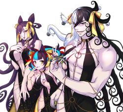  1boy 2girls ashiya_douman_(fate) bb_(fate) bb_dubai_(fate) bb_dubai_(fate)_(cosplay) black_dress black_eyes black_hair black_nails blue_hair breasts cone_hair_bun cosplay dress fate/grand_order fate_(series) green_nails hair_bun highres large_breasts long_hair medium_breasts multicolored_hair multiple_girls murasaki_shikibu_(fate) purple_eyes purple_hair red_hair ria_(ria89921957) sei_shounagon_(fate) shikigami very_long_hair white_hair yellow_eyes 