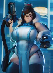  3d absurdres black-framed_eyewear black_thighhighs blurry breasts brown_eyes closed_mouth cowboy_shot curvy depth_of_field drone female fugtrup fur_trim glasses gun hair_bun hair_ornament hairclip highres holding holding_gun holding_weapon huge_breasts mei_(overwatch) overwatch panties pelvic_curtain protected_link side-tie_panties single_hair_bun skindentation sleeveless snowball_(overwatch) solo thick_thighs thighhighs thighs underwear weapon wide_hips 