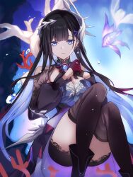  black_hair black_thighhighs blue_eyes blue_hair blunt_bangs breasts brooch cleavage colored_inner_hair commentary_request convenient_leg feet_out_of_frame female fish hair_ornament highres honkai:_star_rail honkai_(series) hysilens_(honkai:_star_rail) jewelry looking_at_viewer medium_breasts multicolored_hair saint_laurent_paris shrug_(clothing) solo thighhighs thighs 