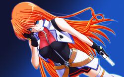  blue_eyes commentary_request cross_mirage female gun highres long_hair lyrical_nanoha mahou_shoujo_lyrical_nanoha_strikers orange_hair tappa_(esperanza) teana_lanster thighhighs weapon 