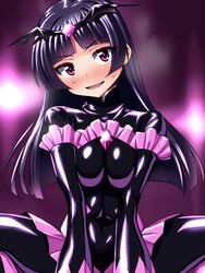  bad_end_happy bad_end_happy_(cosplay) bad_end_precure black_bodysuit black_hair blunt_bangs blush bodysuit commentary_request cosplay dark_persona female gokou_ruri latex long_hair mole mole_under_eye ore_no_imouto_ga_konna_ni_kawaii_wake_ga_nai precure red_eyes sen_(sansui) shiny_clothes smile_precure solo spread_legs sweat 