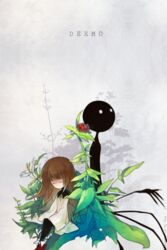  alice_(deemo) back-to-back brown_hair closed_eyes commentary_request deemo deemo_(character) dress female lestored_cro looking_up plant sitting smile 