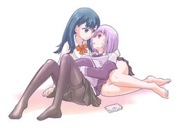  2girls barefoot black_hair black_pantyhose black_skirt blue_eyes bow bowtie cardigan collared_shirt commentary_request eye_contact gridman_universe hugging_object ikari_don jacket light_purple_hair long_sleeves looking_at_another microskirt multiple_girls off_shoulder pantyhose photoshop_(medium) pillow pillow_hug pink_eyes pleated_skirt purple_bow purple_bowtie purple_jacket red_bow red_bowtie shinjou_akane shirt skirt smile ssss.gridman takarada_rikka white_cardigan white_shirt yuri 