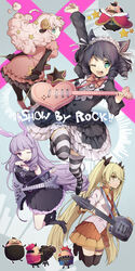  &gt;_&lt; 4boys 4girls :&lt; ;d animal_ears aqua_eyes arisugawa_maple arm_warmers bell beret black_gloves black_legwear blonde_hair blue_eyes breasts camera cat_ears cat_girl chuchu_(show_by_rock!!) cleavage closed_eyes commentary_request copyright_name crown cyan_(show_by_rock!!) dress drill_hair drumsticks electric_guitar facial_hair fangs glasses gloves guitar hair_ornament hair_ribbon hat heart_guitar highres horns instrument jingle_bell large_breasts long_hair looking_at_viewer maid_headdress medium_breasts miniskirt moa_(show_by_rock!!) mohawk monocle moustache movie_camera multiple_boys multiple_girls nail_polish one_eye_closed open_mouth pantyhose pink_hair purple_eyes purple_hair purple_nails rabbit_ears retoree_(show_by_rock!!) ribbon robe sheep_ears sheep_girl sheep_horns show_by_rock!! skirt smile star_(symbol) strawberry_heart_(show_by_rock!!) striped_clothes striped_thighhighs thighhighs twintails very_long_hair wonoco0916 yellow_eyes 