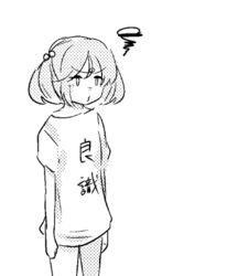  alternate_costume bad_id bad_pixiv_id clothes_writing female greyscale hina_(bird_salty) kantai_collection lowres monochrome sazanami_(kancolle) shirt solo t-shirt translation_request 