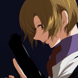  bad_id bad_pixiv_id blue_background brown_eyes brown_hair female gun handgun lips short_hair simple_background solo soukyuu_no_fafner spoilers toomi_maya trigger_discipline uniform weapon yuriha 