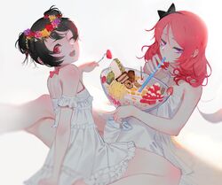  2girls ;d bad_id bad_pixiv_id bare_shoulders black_hair commentary_request double_bun dress flower food fork fruit glass hair_bun hair_flower hair_ornament head_tilt head_wreath hoshimawa looking_at_viewer love_live! love_live!_school_idol_project multiple_girls nishikino_maki one_eye_closed open_mouth purple_eyes red_eyes red_hair simple_background sitting smile strawberry white_background yazawa_nico yuri 