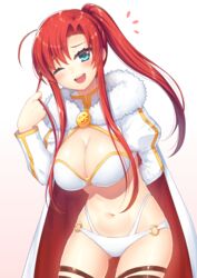  :d ass_visible_through_thighs blue_eyes blush boudica_(fate) boudica_(third_ascension)_(fate) bra breasts cape cleavage commentary_request cowboy_shot fate/grand_order fate_(series) female high_ponytail large_breasts long_hair looking_at_viewer nakamura_hinato o-ring one_eye_closed open_mouth panties parted_bangs ponytail red_hair sidelocks simple_background smile solo thighhighs underwear white_background white_bra white_panties 