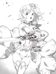  bikini bikini_bottom_only commentary_request cosplay djeeta_(granblue_fantasy) dress female glorybringer_(granblue_fantasy) glorybringer_(granblue_fantasy)_(cosplay) granblue_fantasy greyscale hair_ornament monochrome short_hair standing sunao_(souis) swimsuit sword thighhighs weapon 