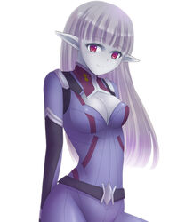  2013 bodysuit breasts cleavage female gamilas grey_hair grey_skin hayabusa_koi hime_cut jirel long_hair mirenel_linke pointy_ears purple_eyes simple_background skin_tight smile solo uchuu_senkan_yamato uchuu_senkan_yamato_2199 