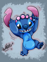  2011 3:4 4_fingers 4_toes alien ambiguous_gender black_eyes blue_body blue_fur blue_nose blue_pawpads chest_tuft claws dancing digital_drawing_(artwork) digital_media_(artwork) disney experiment_(lilo_and_stitch) feet fingers fur grey_background hair_roller lilo_and_stitch looking_at_viewer nekator no_sclera notched_ear open_mouth open_smile pawpads raised_arm raised_leg silly silver_claws simple_background smile solo stitch_(lilo_and_stitch) toes tuft 