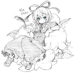  blue_eyes bow character_name commentary_request dated dress female flower gloves greyscale hair_ribbon hairbow holding holding_flower lily_of_the_valley medicine_melancholy monochrome one-hour_drawing_challenge oversized_flower ribbon shirokuma_(nankyoku) short_hair skirt smile solo spot_color touhou 