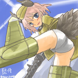  :d ass bird_girl bird_tail blue_eyes blue_sky blush commentary_request day female flying from_below garrison_cap goggles goggles_around_neck gun hat head_wings higezamurai_(kurage_gunsou) looking_back military military_uniform oerba_yun_fang open_mouth panties pink_hair raisa_pottgen short_hair sky smile solo striker_unit sun tail twitter_username underwear uniform v-shaped_eyebrows weapon white_panties wings witches_of_africa world_witches_series 