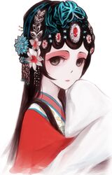  alice_(deemo) black_hair chinese_clothes commentary_request deemo expressionless female flower grey_eyes hair_flower hair_ornament highres hua_sui_yue_(deemo) long_hair looking_at_viewer makeup pale_skin shokujin_hatefukuchuu solo 