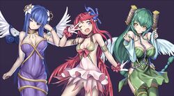  3girls armlet bare_shoulders black_background blush bow breasts choker cleavage commentary_request dress flower ginko_(nico) hair_flower hair_ornament hair_tubes large_breasts long_hair lord_of_vermilion lord_of_vermilion_iii multiple_girls oerba_yun_fang small_breasts wings wrist_cuffs 