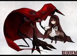  alice_(deemo) ankle_boots boots commentary cytus deemo deemo_(character) dress female height_difference hood lestored_cro looking_up pantyhose parody red_eyes song_name standing 