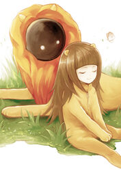  alice_(deemo) animal_costume brown_hair bug butterfly closed_eyes commentary_request deemo deemo_(character) female lion_costume photoshop_(medium) shokujin_hatefukuchuu sitting smile yawning_lion_(deemo) 