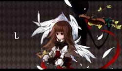  alice_(deemo) back-to-back bow brown_hair commentary_request cropped_jacket deemo deemo_(character) female instrument lestored_cro long_sleeves looking_at_viewer puffy_sleeves smile violin wings 