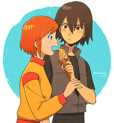  1boy blush commentary_request eating female food highres ice_cream kaoru_(mujin_wakusei_survive) luna_(mujin_wakusei_survive) mujin_wakusei_survive open_mouth rakikoko 